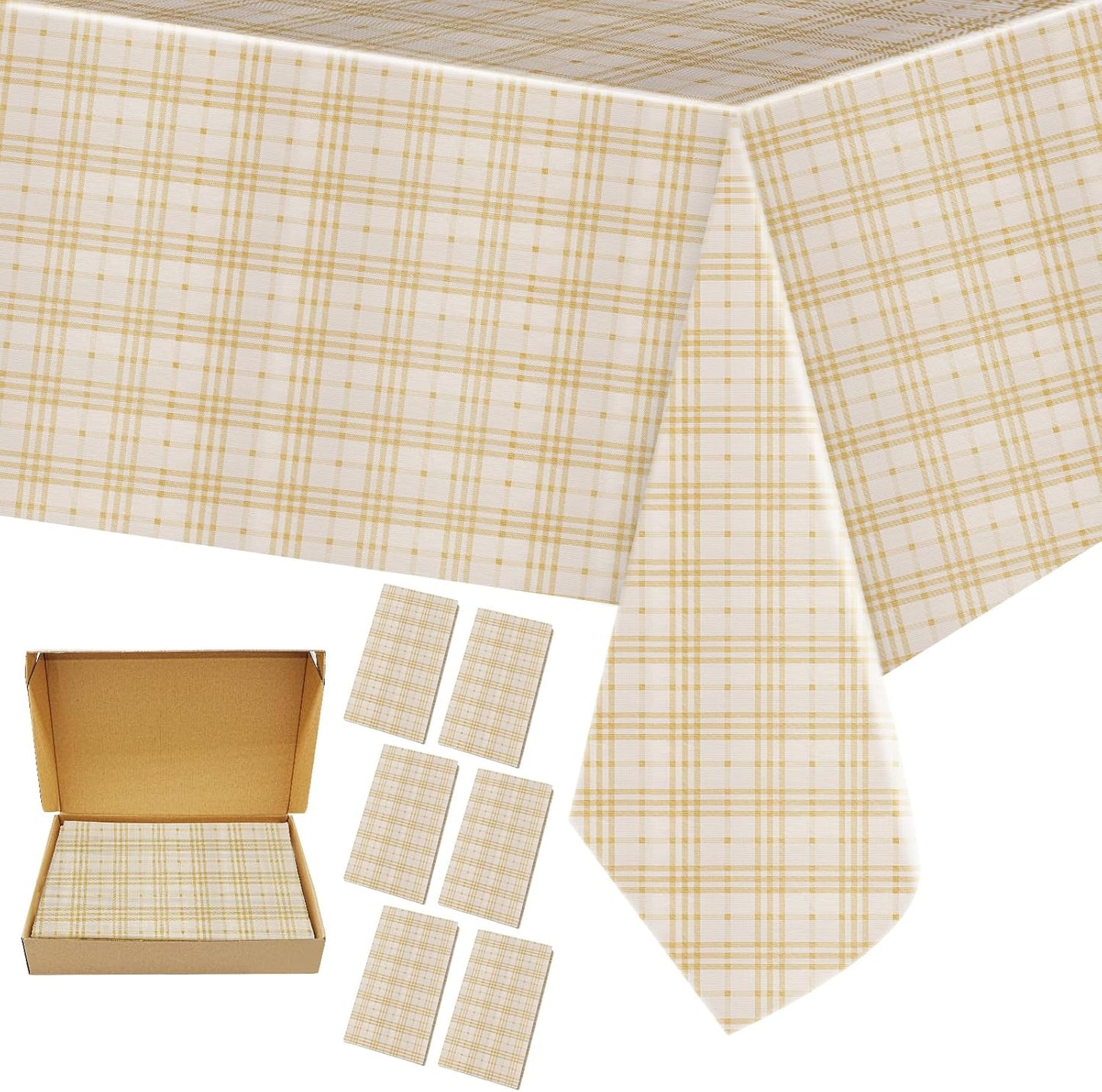 Disposable Plastic Tablecloths 6 Pack, Light Yellow Gingham Table Covers 54x108 Inch, Heavy Duty & Leakproof Plaid Rectangle Tablecloths for Party, Picnic, Birthday