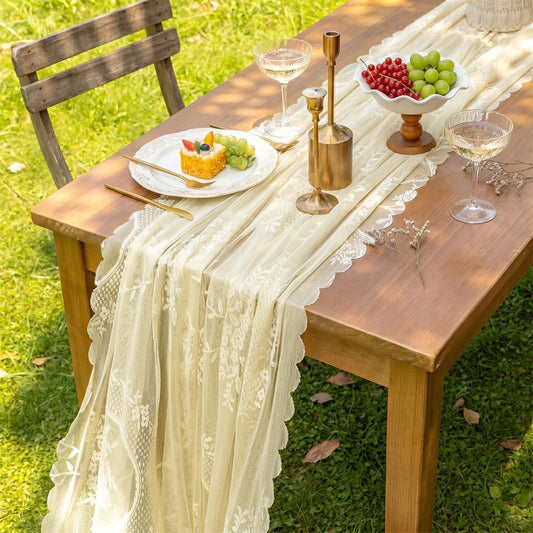 Spring Lace Table Runner, Rustic Rococo Embroidered Yellow Lace Table Runners – 28x118 Inch for Garden Party Romantic Wedding Bridal Baby Shower Vintage Home Decor
