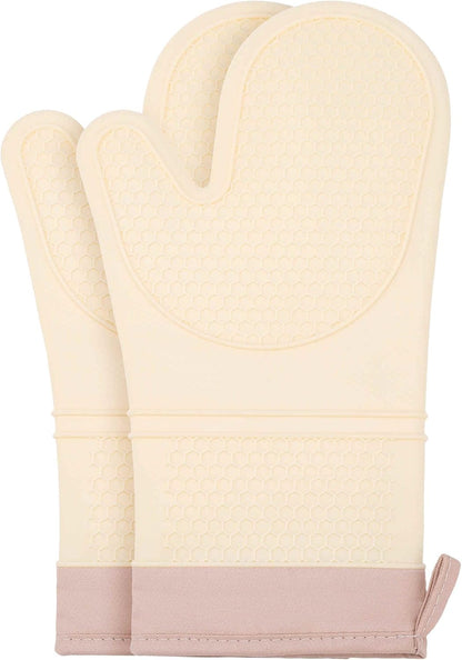 Soft Silicone Oven Mitts, Heat Resistant and Waterproof Cooking Gloves, Thick Cotton Lining, Kitchen Mitts Set of 2 13x7.5inch Cream Yellow