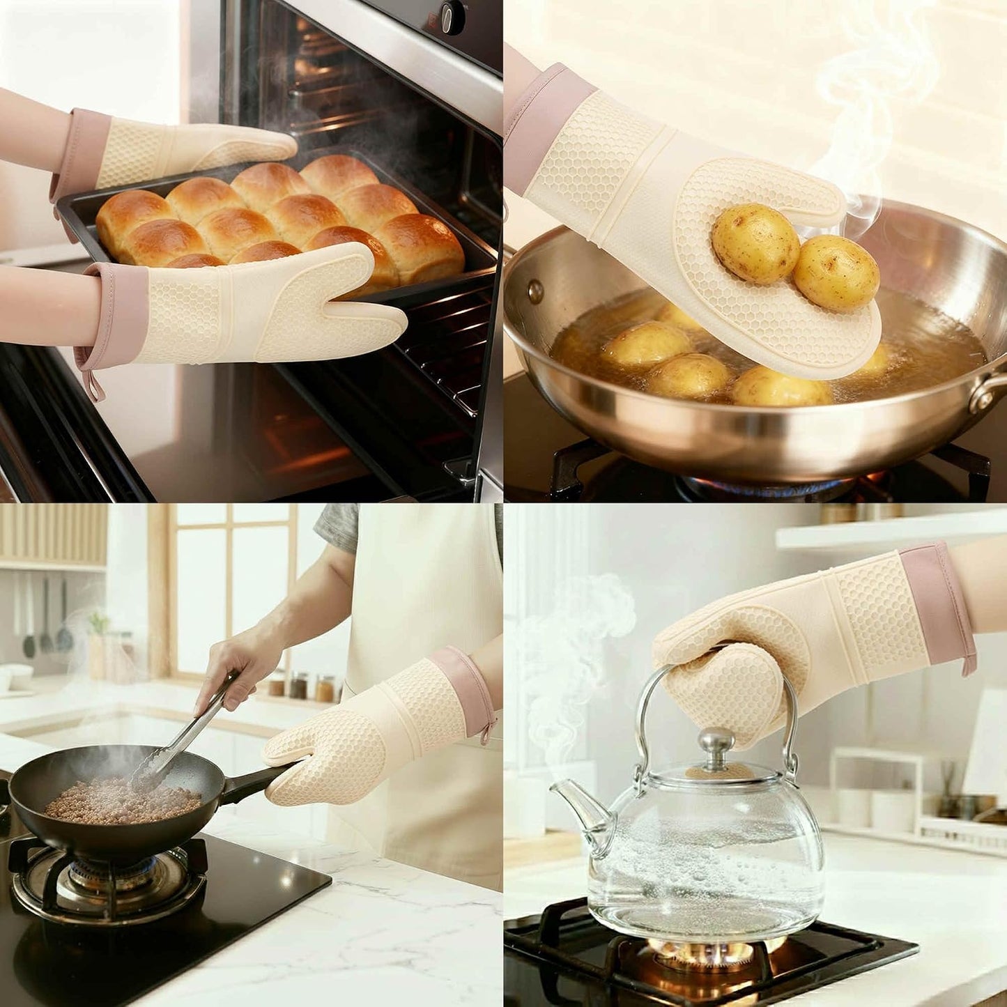 Soft Silicone Oven Mitts, Heat Resistant and Waterproof Cooking Gloves, Thick Cotton Lining, Kitchen Mitts Set of 2 13x7.5inch Cream Yellow