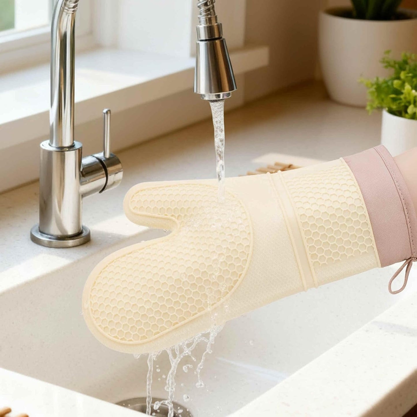 Soft Silicone Oven Mitts, Heat Resistant and Waterproof Cooking Gloves, Thick Cotton Lining, Kitchen Mitts Set of 2 13x7.5inch Cream Yellow
