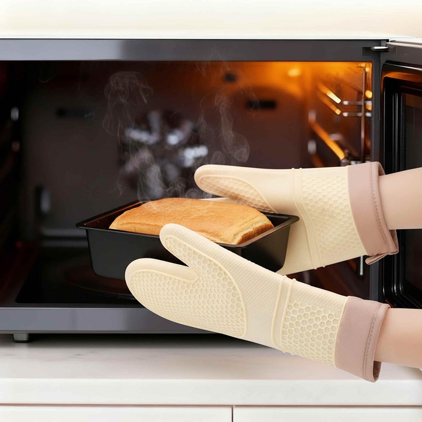 Soft Silicone Oven Mitts, Heat Resistant and Waterproof Cooking Gloves, Thick Cotton Lining, Kitchen Mitts Set of 2 13x7.5inch Cream Yellow