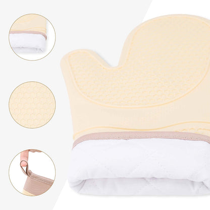 Soft Silicone Oven Mitts, Heat Resistant and Waterproof Cooking Gloves, Thick Cotton Lining, Kitchen Mitts Set of 2 13x7.5inch Cream Yellow