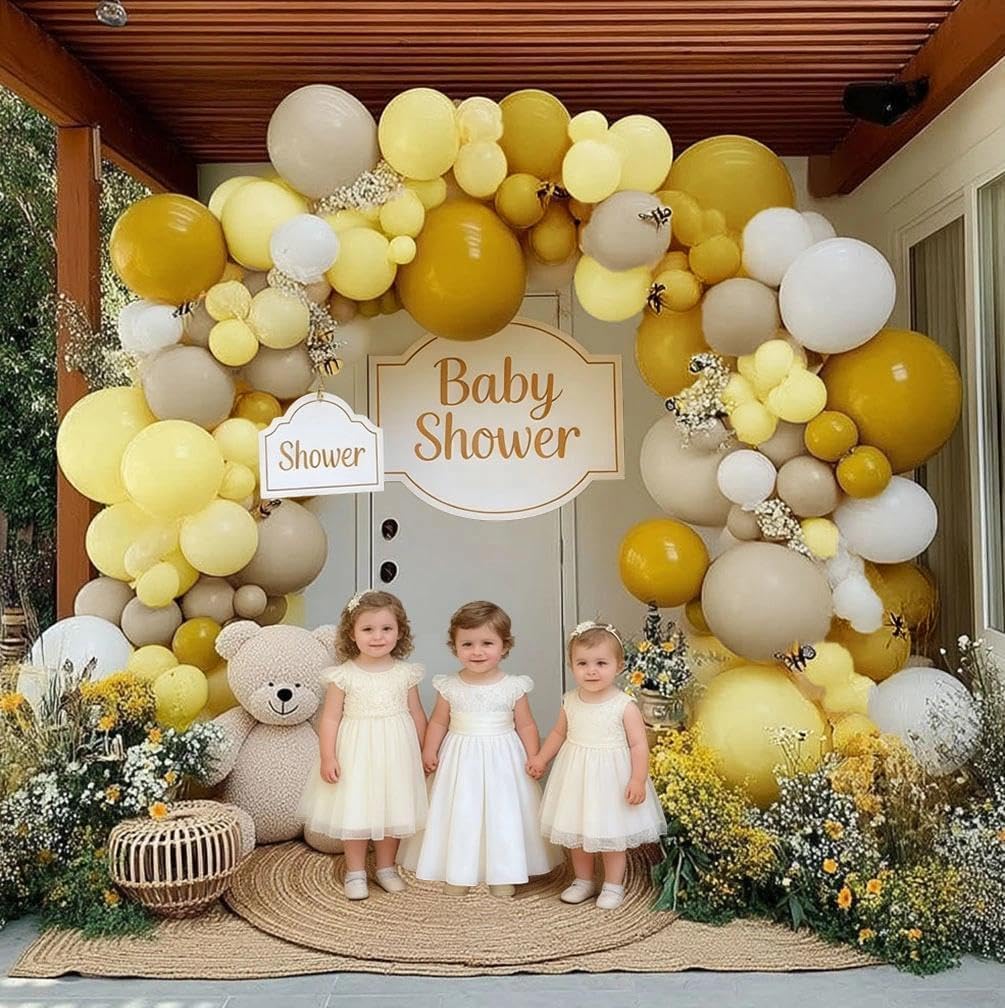 Mustard Yellow Balloon Garland Kit - Double Stuffed Sand White Yellow Pastel Balloon Arch for Bee Birthday, Baby Shower, Gender Reveal, Boho Party Decoration | Mustard Yellow Pastel Balloon Garland for Bee Birthday, Baby Shower, Gender Reveal, Boho Fall