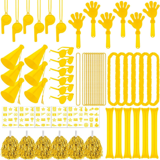 180 Pcs Yellow Team Spirit Accessories Bulk Field Day Accessories Pep Rally Color War Camp Spirit Events Party Items Cheerleading Pom Poms Clappers Thunder Stick Whistle Megaphone