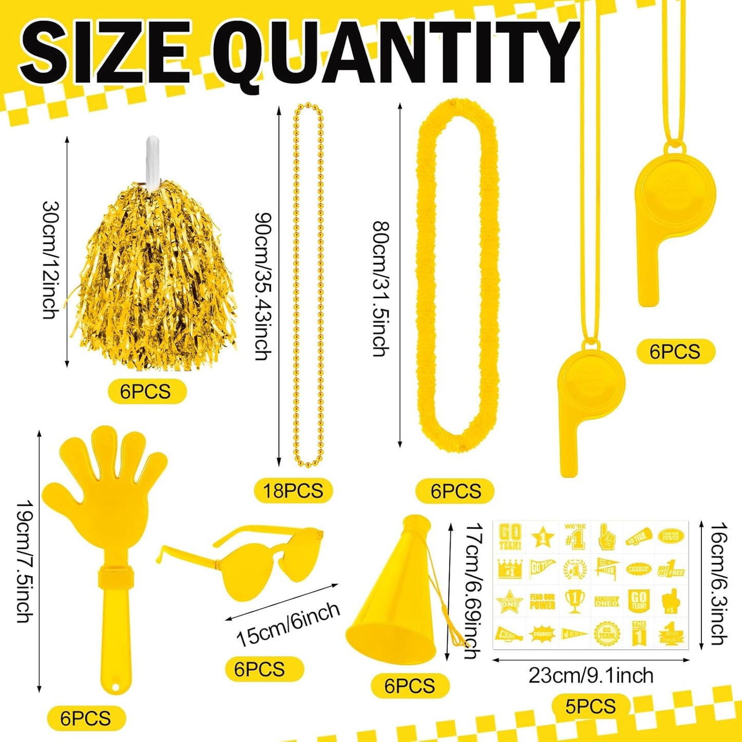 180 Pcs Yellow Team Spirit Accessories Bulk Field Day Accessories Pep Rally Color War Camp Spirit Events Party Items Cheerleading Pom Poms Clappers Thunder Stick Whistle Megaphone