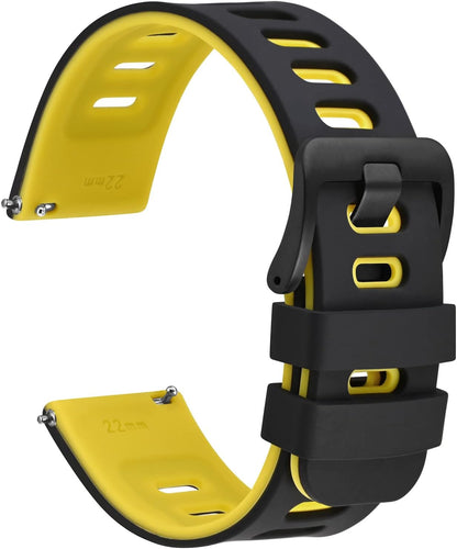 WOCCI 22mm Bicolor Watch Band, Silicone Rubber, Quick Release Replacement Strap for Men and Women, Black Stainless Steel Buckle (Black-Yellow)