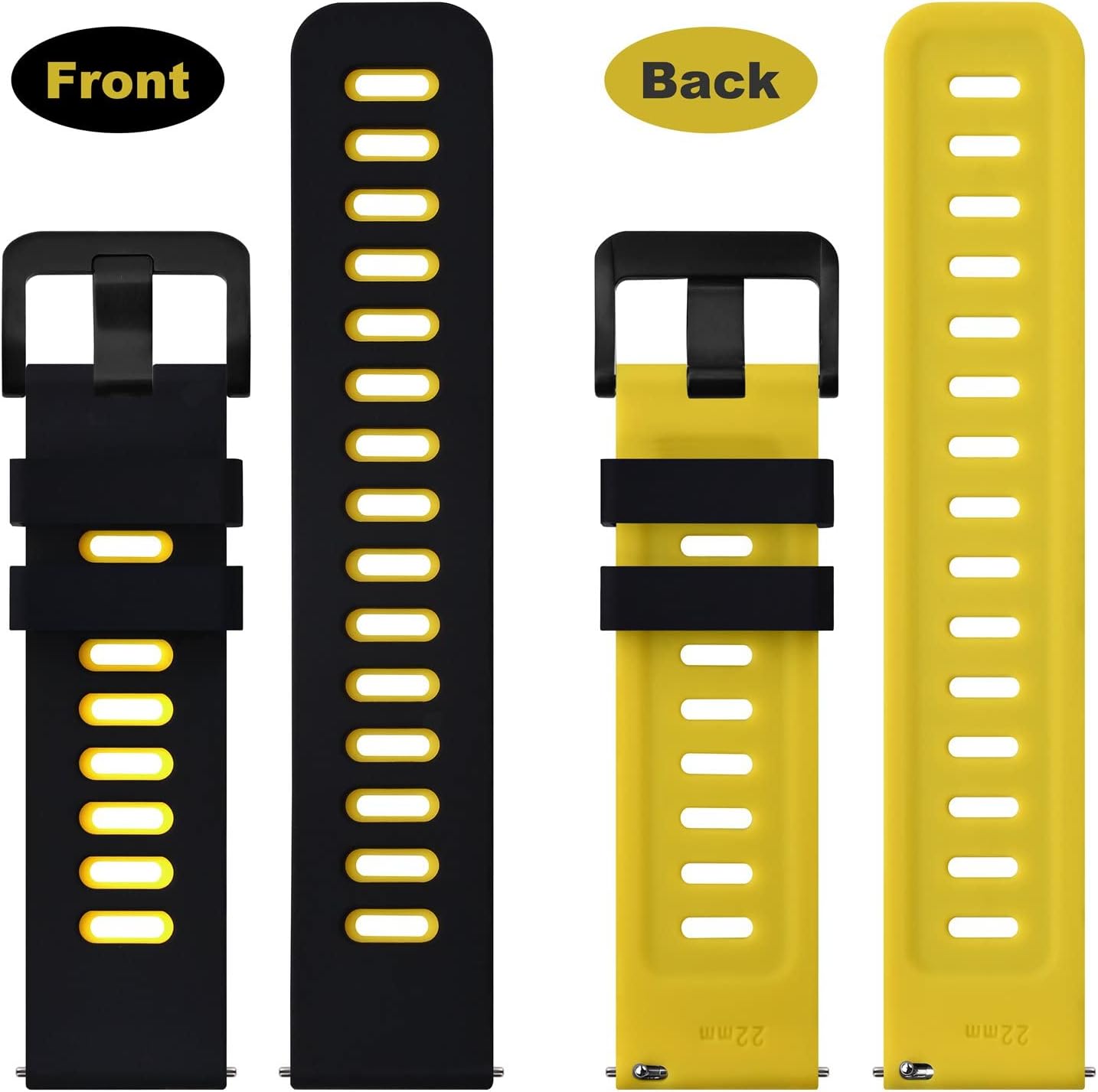 WOCCI 22mm Bicolor Watch Band, Silicone Rubber, Quick Release Replacement Strap for Men and Women, Black Stainless Steel Buckle (Black-Yellow)