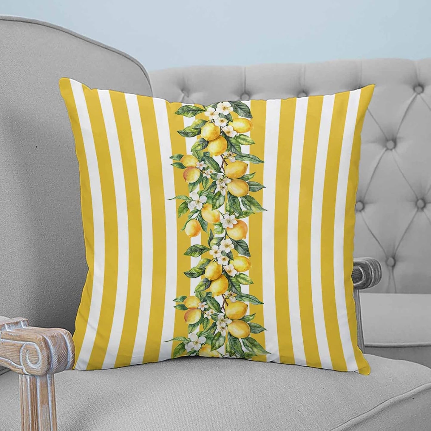 Yellow Lemon Floral Leaf 2PCS Throw Pillow Covers for Couch Sofa Bed, Vertical Stripe Pillow Covers 16x16 inch, Standard Pillowcases Set Decorative Cushion Covers for Living Room Bedroom