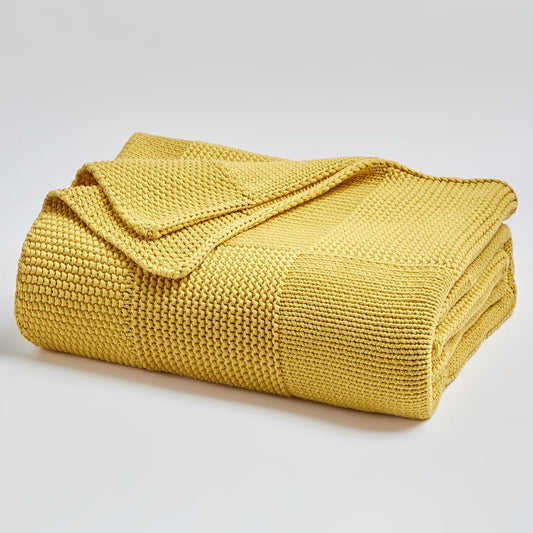 100% Cotton Chunky Cable Knit Throw Blanket for Sofa Couch Bed Baby Nursery, Bold Thread, Home Decorative Blanket, Bonus Laundering Bag, 60 x 80 Inches, Mustard Yellow