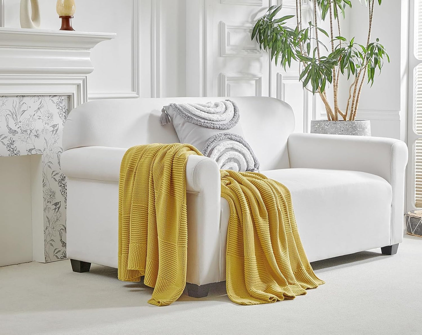 100% Cotton Chunky Cable Knit Throw Blanket for Sofa Couch Bed Baby Nursery, Bold Thread, Home Decorative Blanket, Bonus Laundering Bag, 60 x 80 Inches, Mustard Yellow