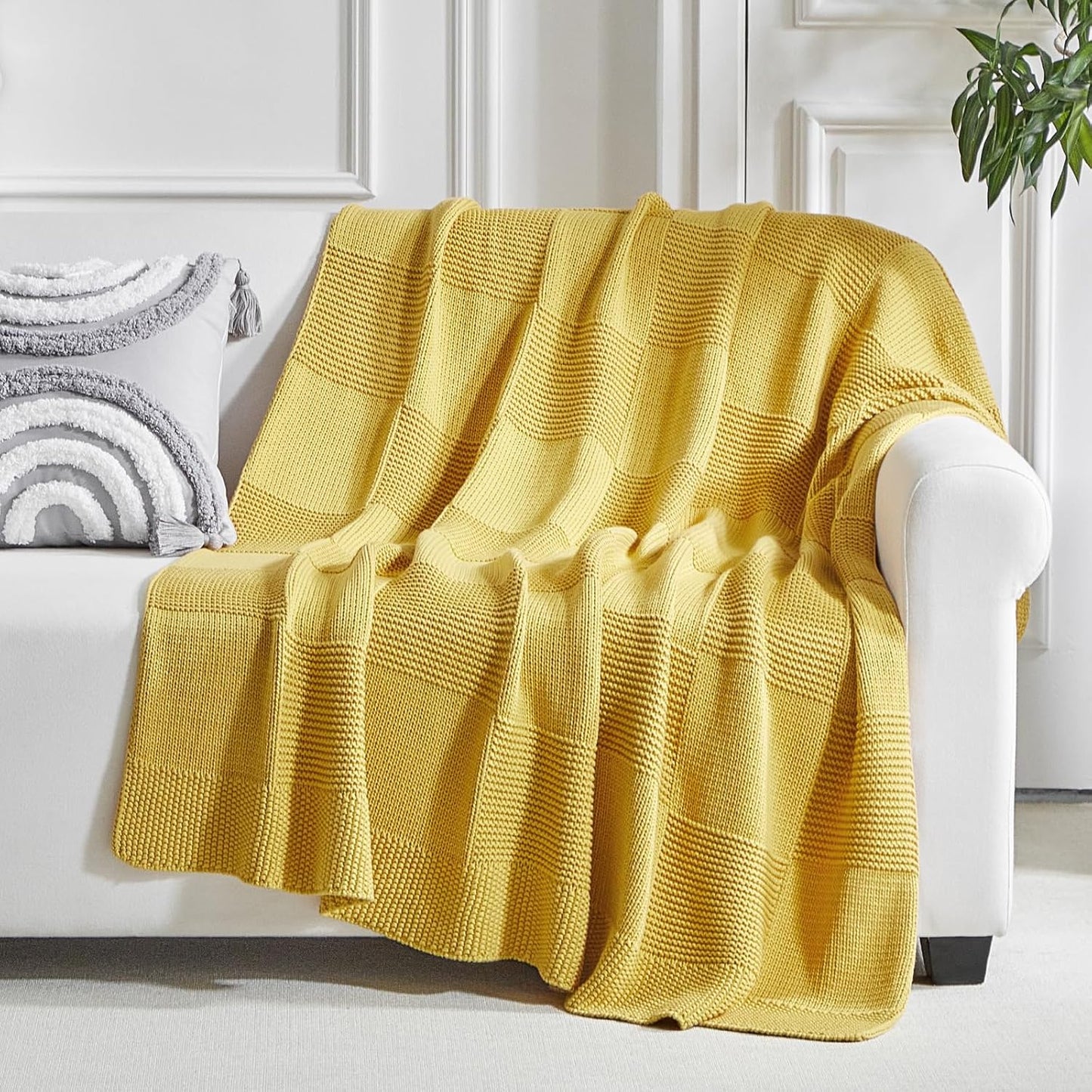 100% Cotton Chunky Cable Knit Throw Blanket for Sofa Couch Bed Baby Nursery, Bold Thread, Home Decorative Blanket, Bonus Laundering Bag, 60 x 80 Inches, Mustard Yellow