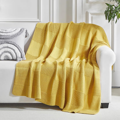 100% Cotton Chunky Cable Knit Throw Blanket for Sofa Couch Bed Baby Nursery, Bold Thread, Home Decorative Blanket, Bonus Laundering Bag, 60 x 80 Inches, Mustard Yellow