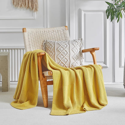 100% Cotton Chunky Cable Knit Throw Blanket for Sofa Couch Bed Baby Nursery, Bold Thread, Home Decorative Blanket, Bonus Laundering Bag, 60 x 80 Inches, Mustard Yellow