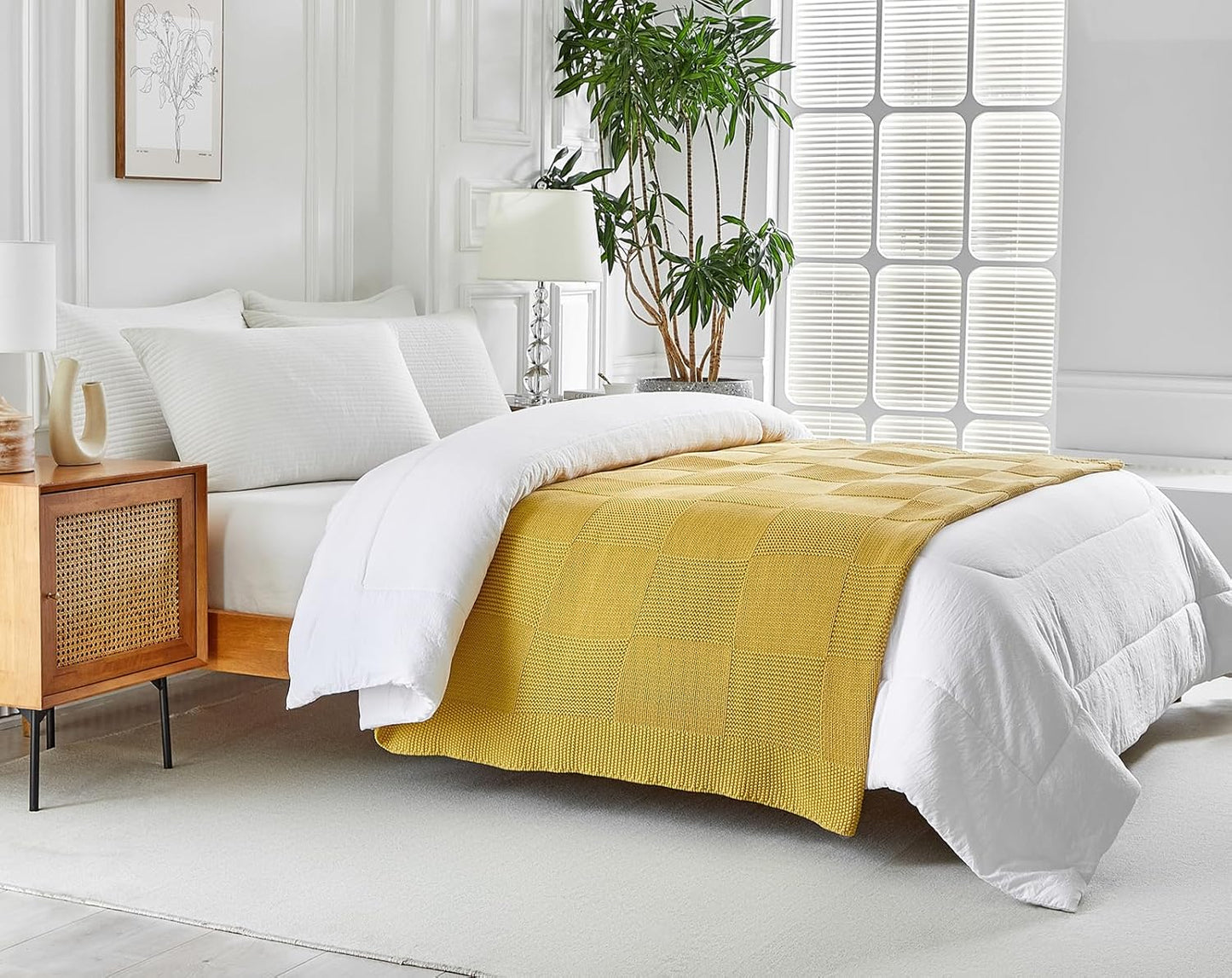 100% Cotton Chunky Cable Knit Throw Blanket for Sofa Couch Bed Baby Nursery, Bold Thread, Home Decorative Blanket, Bonus Laundering Bag, 60 x 80 Inches, Mustard Yellow