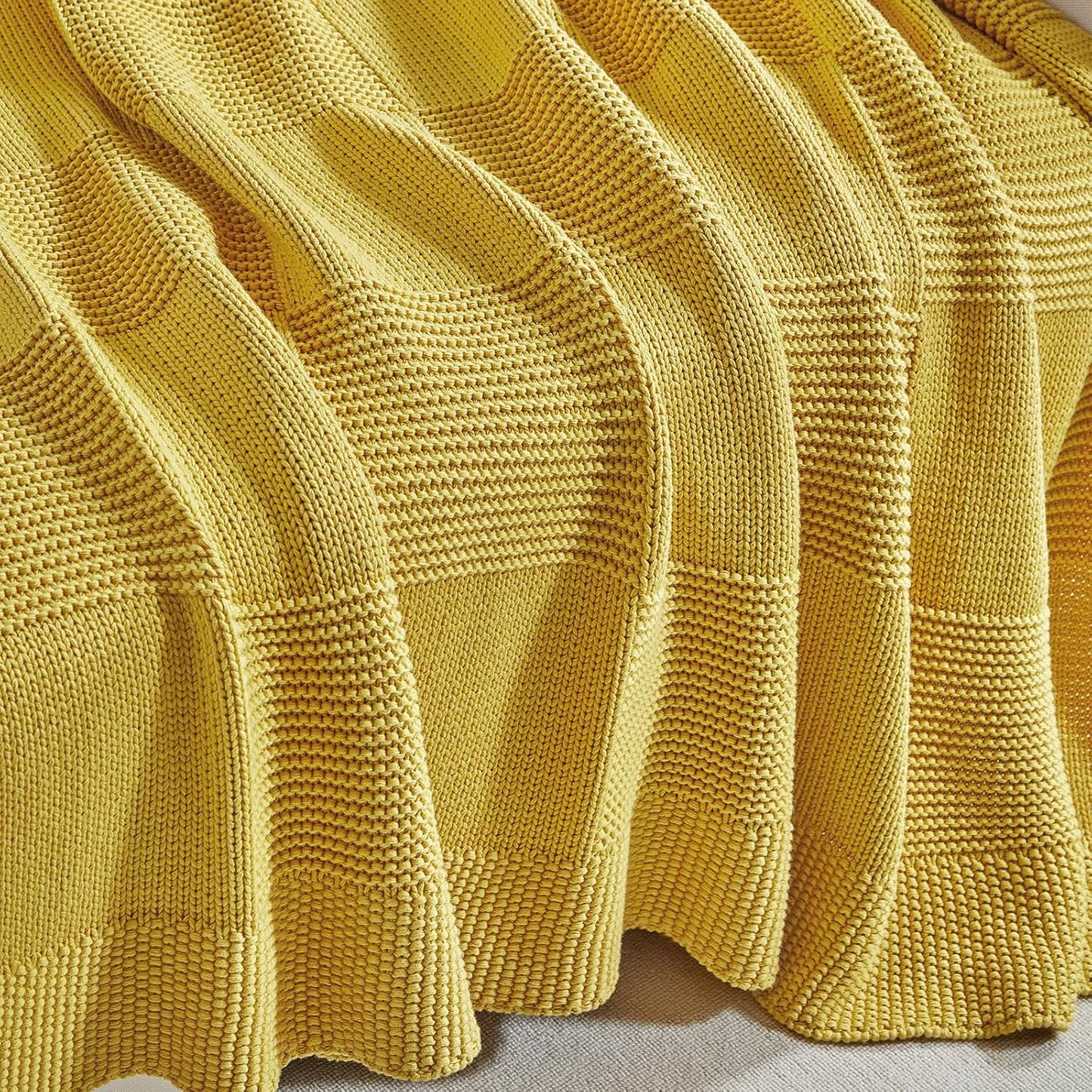 100% Cotton Chunky Cable Knit Throw Blanket for Sofa Couch Bed Baby Nursery, Bold Thread, Home Decorative Blanket, Bonus Laundering Bag, 60 x 80 Inches, Mustard Yellow