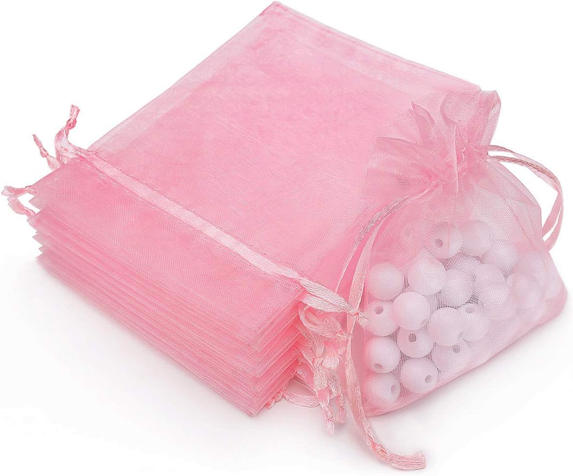 50Pcs 3.15"x4"(8x10cm) Sheer Drawstring Organza Jewelry Pouches Wedding Party Christmas Favor Gift Bags (Pink, 3x4)