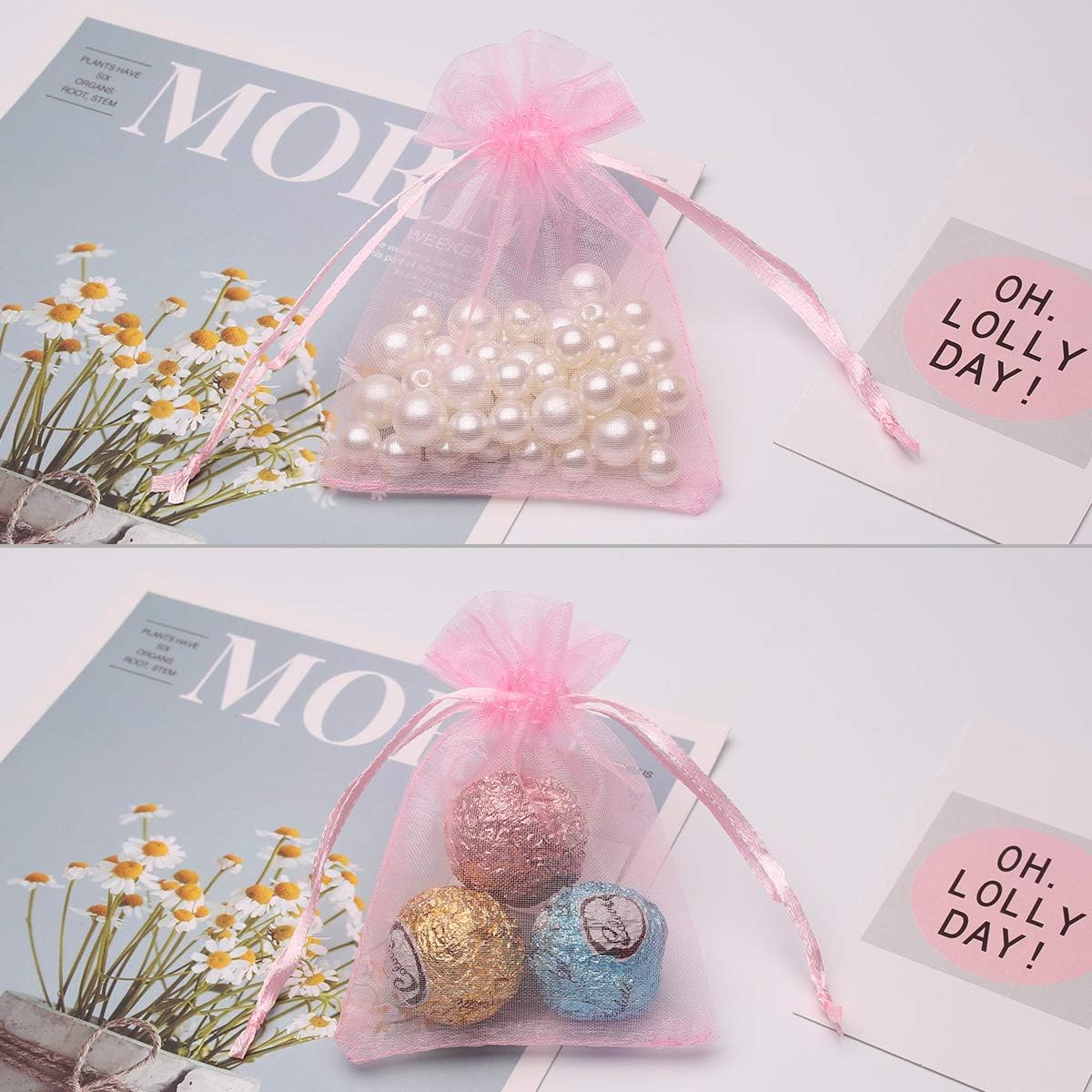 50Pcs 3.15"x4"(8x10cm) Sheer Drawstring Organza Jewelry Pouches Wedding Party Christmas Favor Gift Bags (Pink, 3x4)
