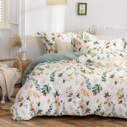 Green & Yellow Floral Duvet Cover Set Botanical Comforter Cover 3Pcs | 100% Washed Cotton Soft Breathable Lightweight Reversible Original Design with Zipper Closure Corner Ties