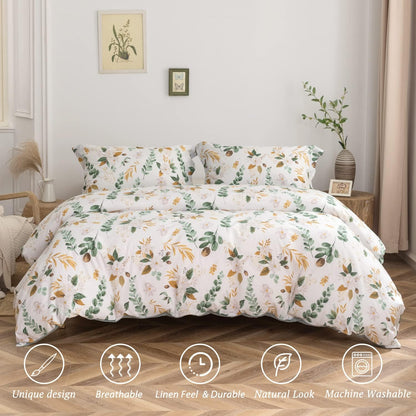 Green & Yellow Floral Duvet Cover Set Botanical Comforter Cover 3Pcs | 100% Washed Cotton Soft Breathable Lightweight Reversible Original Design with Zipper Closure Corner Ties