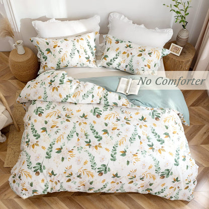 Green & Yellow Floral Duvet Cover Set Botanical Comforter Cover 3Pcs | 100% Washed Cotton Soft Breathable Lightweight Reversible Original Design with Zipper Closure Corner Ties