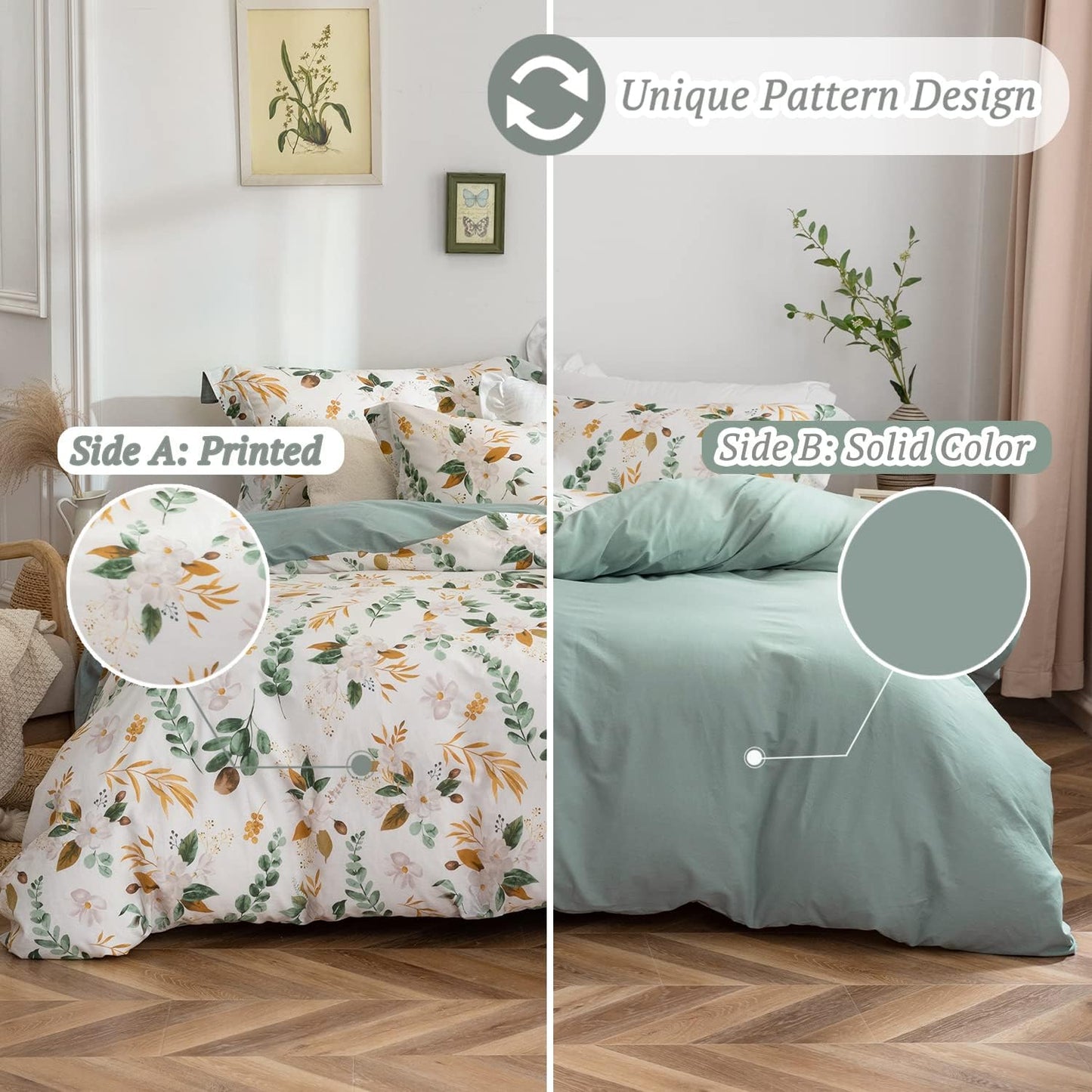 Green & Yellow Floral Duvet Cover Set Botanical Comforter Cover 3Pcs | 100% Washed Cotton Soft Breathable Lightweight Reversible Original Design with Zipper Closure Corner Ties