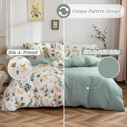 Green & Yellow Floral Duvet Cover Set Botanical Comforter Cover 3Pcs | 100% Washed Cotton Soft Breathable Lightweight Reversible Original Design with Zipper Closure Corner Ties