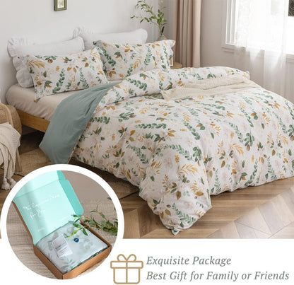 Green & Yellow Floral Duvet Cover Set Botanical Comforter Cover 3Pcs | 100% Washed Cotton Soft Breathable Lightweight Reversible Original Design with Zipper Closure Corner Ties