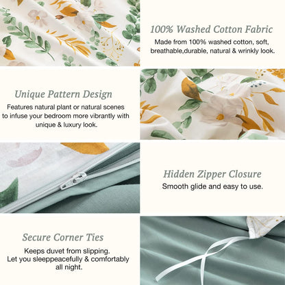 Green & Yellow Floral Duvet Cover Set Botanical Comforter Cover 3Pcs | 100% Washed Cotton Soft Breathable Lightweight Reversible Original Design with Zipper Closure Corner Ties