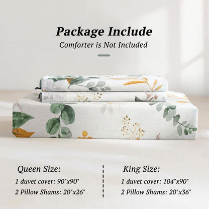Green & Yellow Floral Duvet Cover Set Botanical Comforter Cover 3Pcs | 100% Washed Cotton Soft Breathable Lightweight Reversible Original Design with Zipper Closure Corner Ties