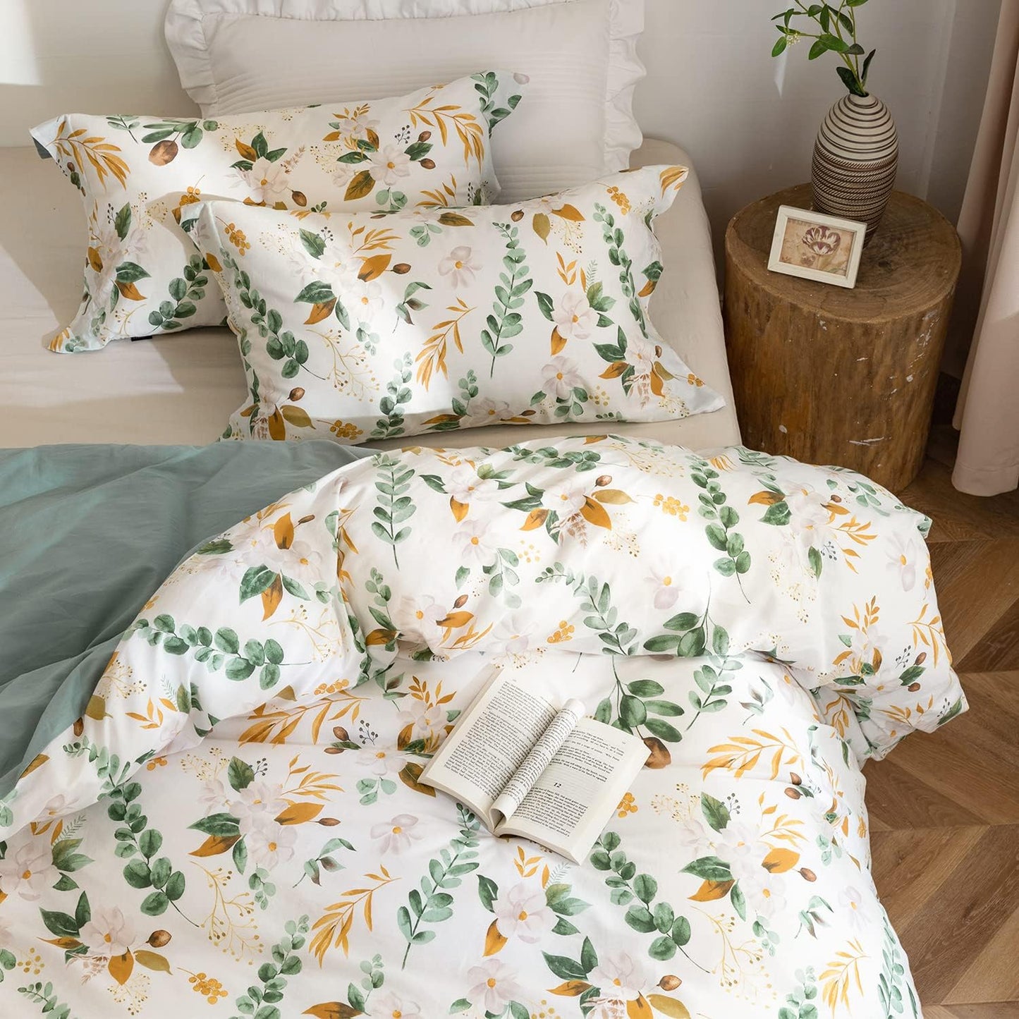 Green & Yellow Floral Duvet Cover Set Botanical Comforter Cover 3Pcs | 100% Washed Cotton Soft Breathable Lightweight Reversible Original Design with Zipper Closure Corner Ties