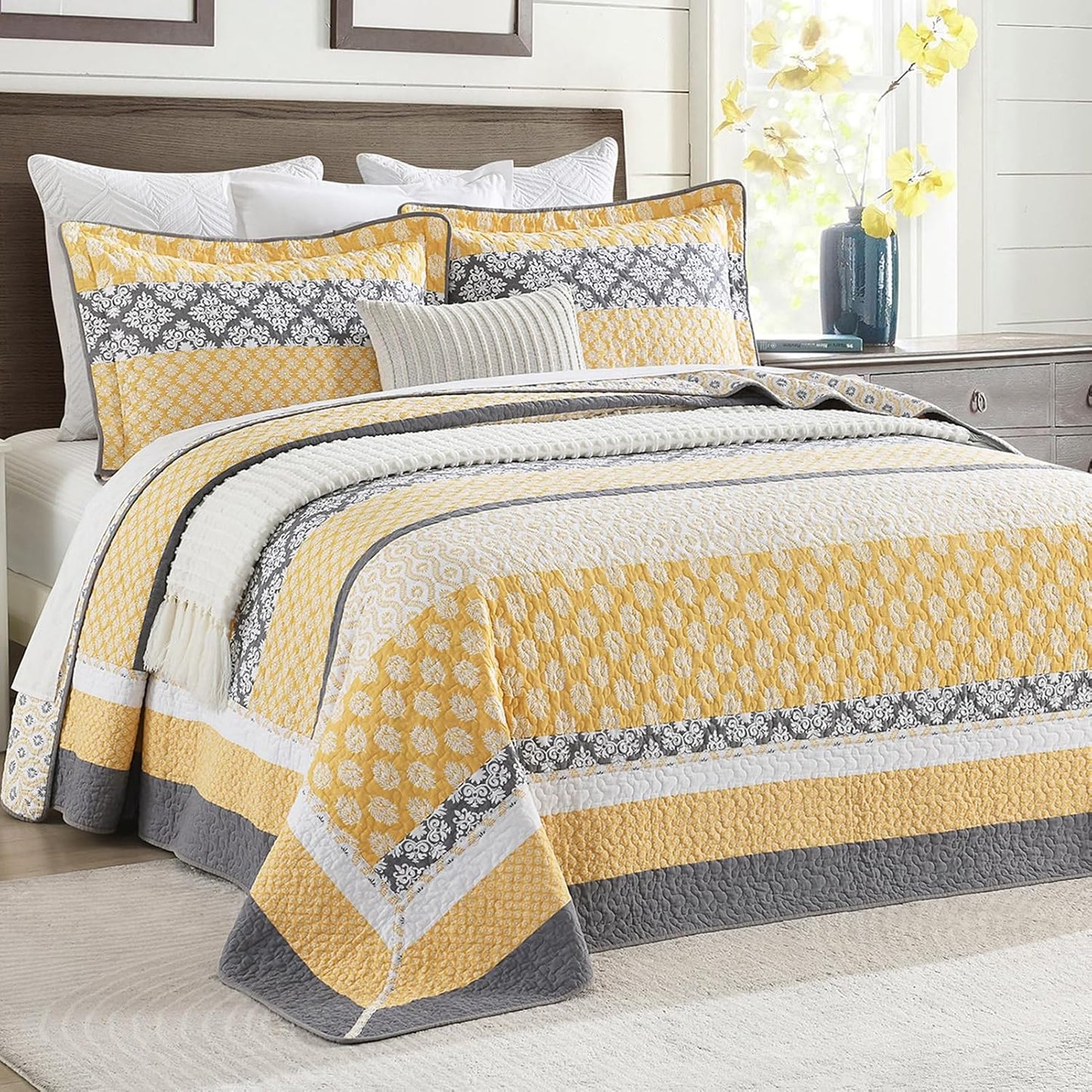 102"×120" 100% Cotton Oversized Bedspread, Reversible Floral Farmhouse XL Oversized Quilt Coverlet Bedding Set, Quilted Bed Spread Lightweight Comforter, Yellow/Gray