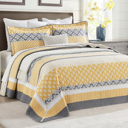102"×120" 100% Cotton Oversized Bedspread, Reversible Floral Farmhouse XL Oversized Quilt Coverlet Bedding Set, Quilted Bed Spread Lightweight Comforter, Yellow/Gray
