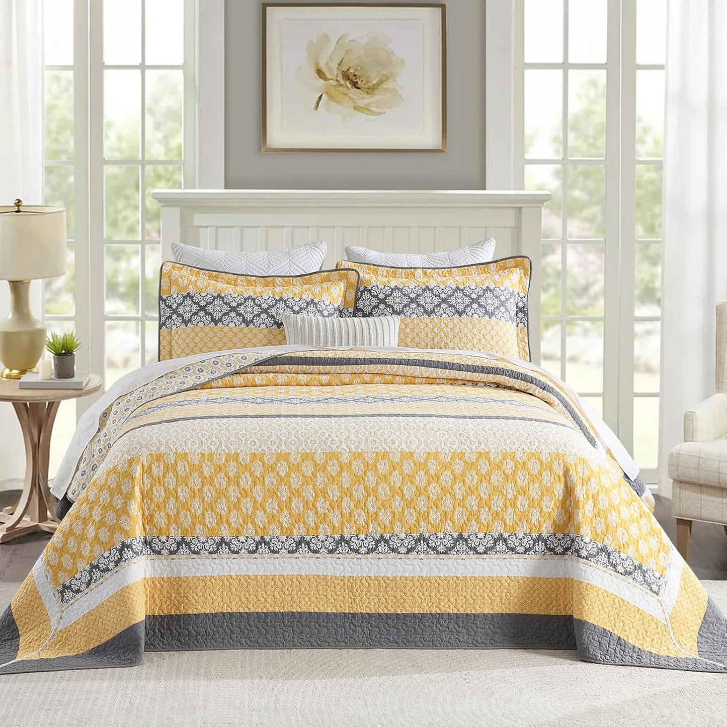 102"×120" 100% Cotton Oversized Bedspread, Reversible Floral Farmhouse XL Oversized Quilt Coverlet Bedding Set, Quilted Bed Spread Lightweight Comforter, Yellow/Gray