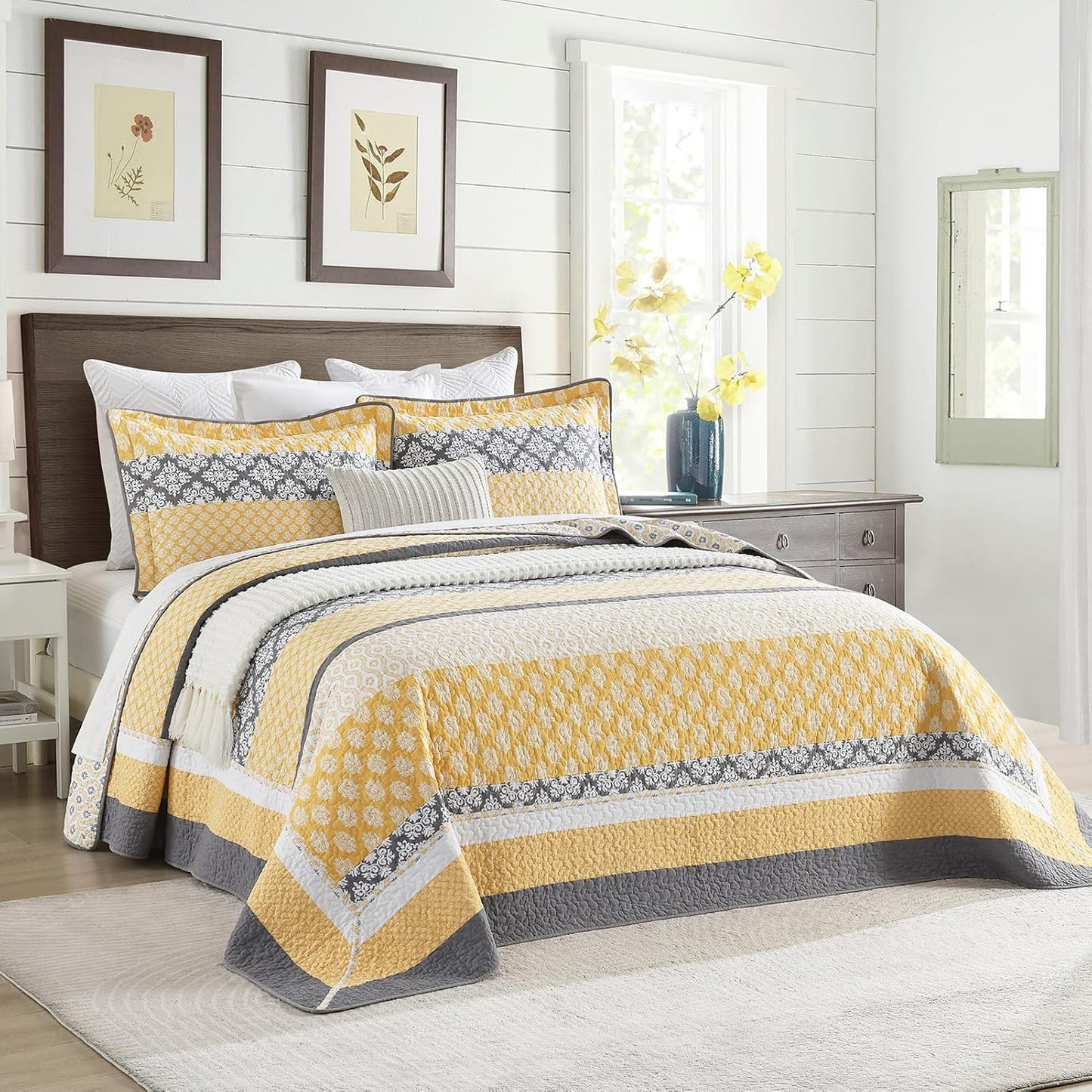 102"×120" 100% Cotton Oversized Bedspread, Reversible Floral Farmhouse XL Oversized Quilt Coverlet Bedding Set, Quilted Bed Spread Lightweight Comforter, Yellow/Gray