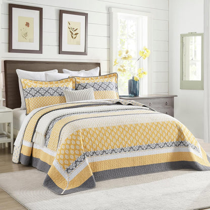 102"×120" 100% Cotton Oversized Bedspread, Reversible Floral Farmhouse XL Oversized Quilt Coverlet Bedding Set, Quilted Bed Spread Lightweight Comforter, Yellow/Gray