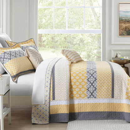 102"×120" 100% Cotton Oversized Bedspread, Reversible Floral Farmhouse XL Oversized Quilt Coverlet Bedding Set, Quilted Bed Spread Lightweight Comforter, Yellow/Gray