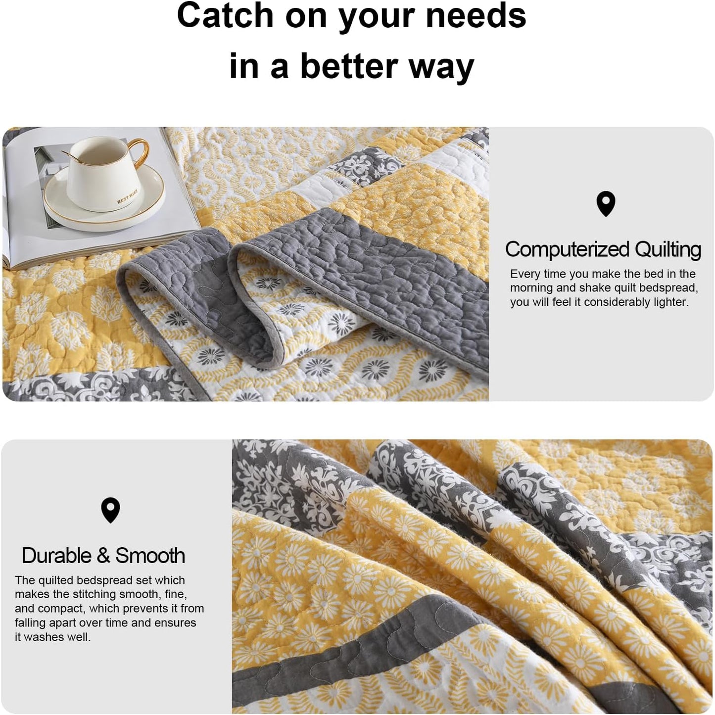 102"×120" 100% Cotton Oversized Bedspread, Reversible Floral Farmhouse XL Oversized Quilt Coverlet Bedding Set, Quilted Bed Spread Lightweight Comforter, Yellow/Gray