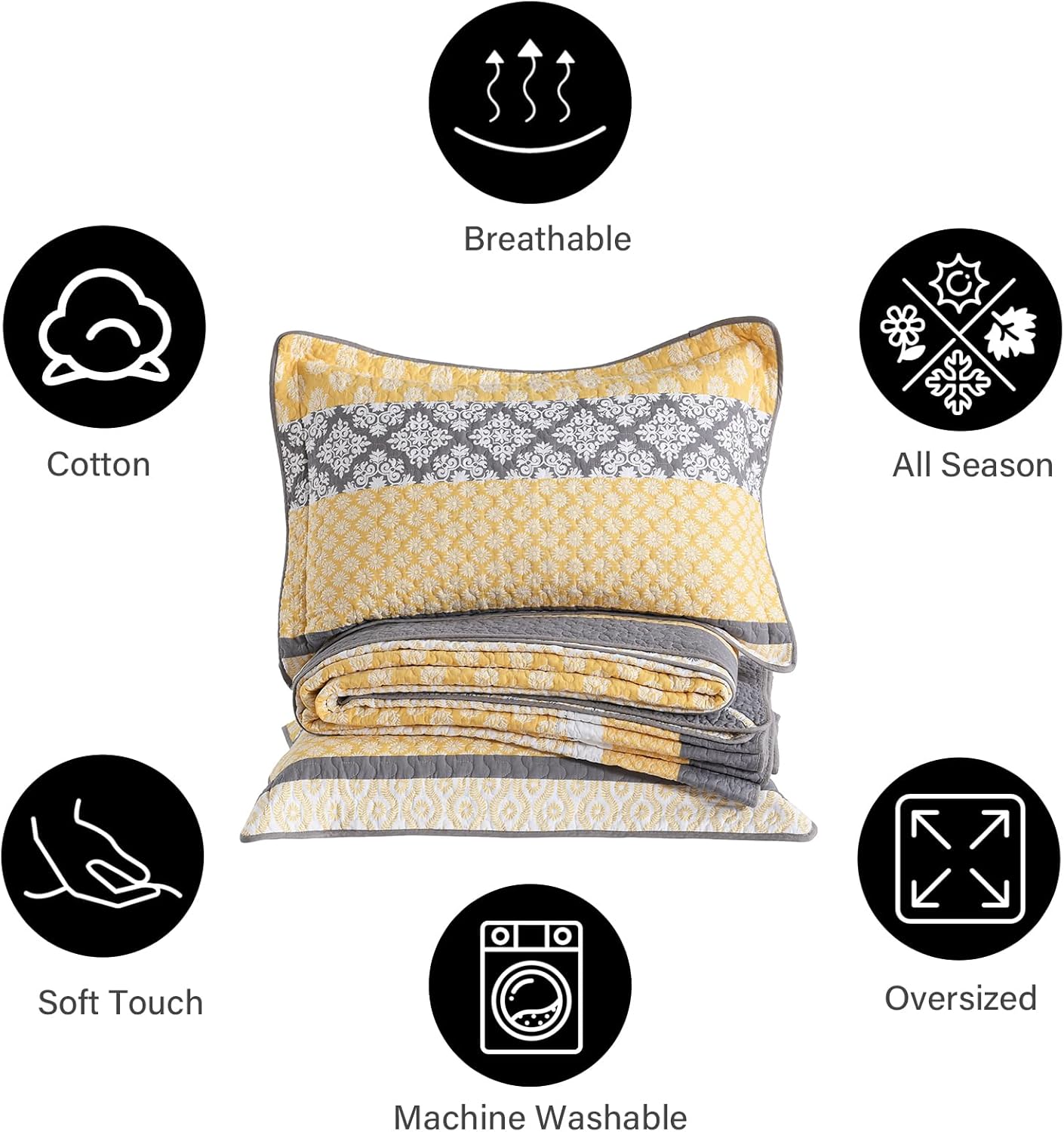 102"×120" 100% Cotton Oversized Bedspread, Reversible Floral Farmhouse XL Oversized Quilt Coverlet Bedding Set, Quilted Bed Spread Lightweight Comforter, Yellow/Gray