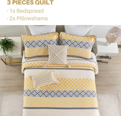 102"×120" 100% Cotton Oversized Bedspread, Reversible Floral Farmhouse XL Oversized Quilt Coverlet Bedding Set, Quilted Bed Spread Lightweight Comforter, Yellow/Gray
