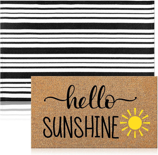 2 Pcs Summer Hello Sunshine Coir Door Mat 24'' x 35'' Black and White Striped Outdoor Rug 16'' x 28'' Yellow Sunshine Coir Doormat Non Slip Seasonal Welcome Doormat for Porch Front Decor