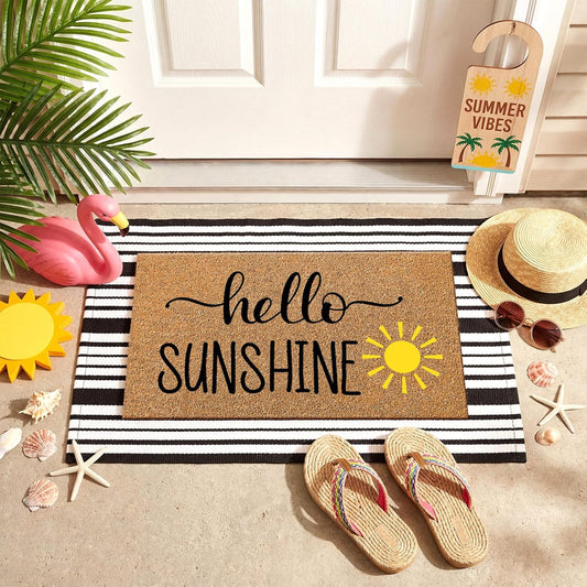 2 Pcs Summer Hello Sunshine Coir Door Mat 24'' x 35'' Black and White Striped Outdoor Rug 16'' x 28'' Yellow Sunshine Coir Doormat Non Slip Seasonal Welcome Doormat for Porch Front Decor