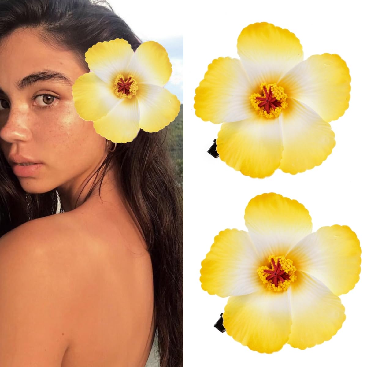 2pc Hawaiian Plumeria Hair Clips Galsang Flower Barrettes for Beach Party(Yellow)