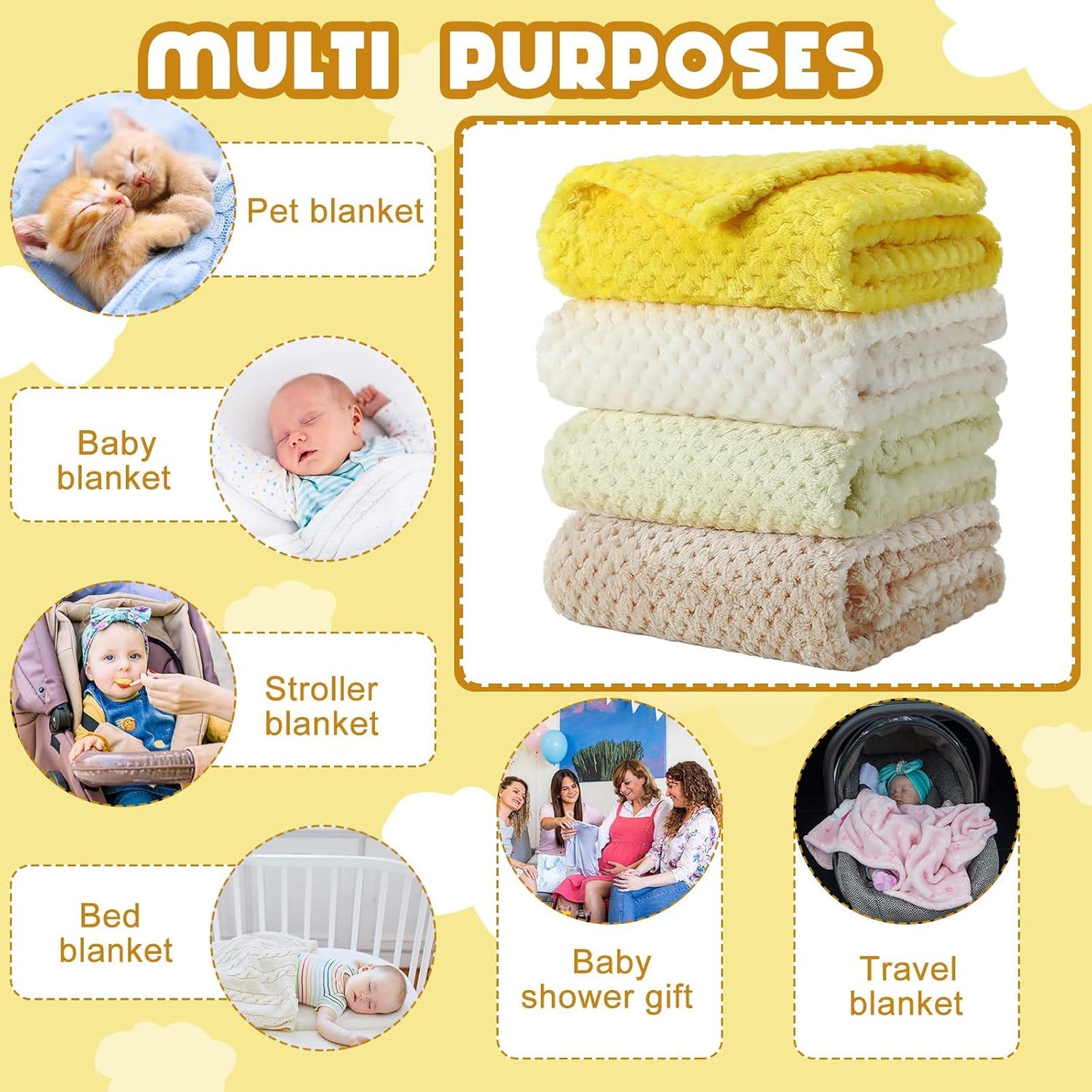 4 Pcs Baby Fuzzy Blanket Fluffy Baby Blanket for Boys Girls Soft Warm Infant Newborn Toddler Receiving Nursery Bed Supplies, 32 x 24 Inch(Yellow Color)