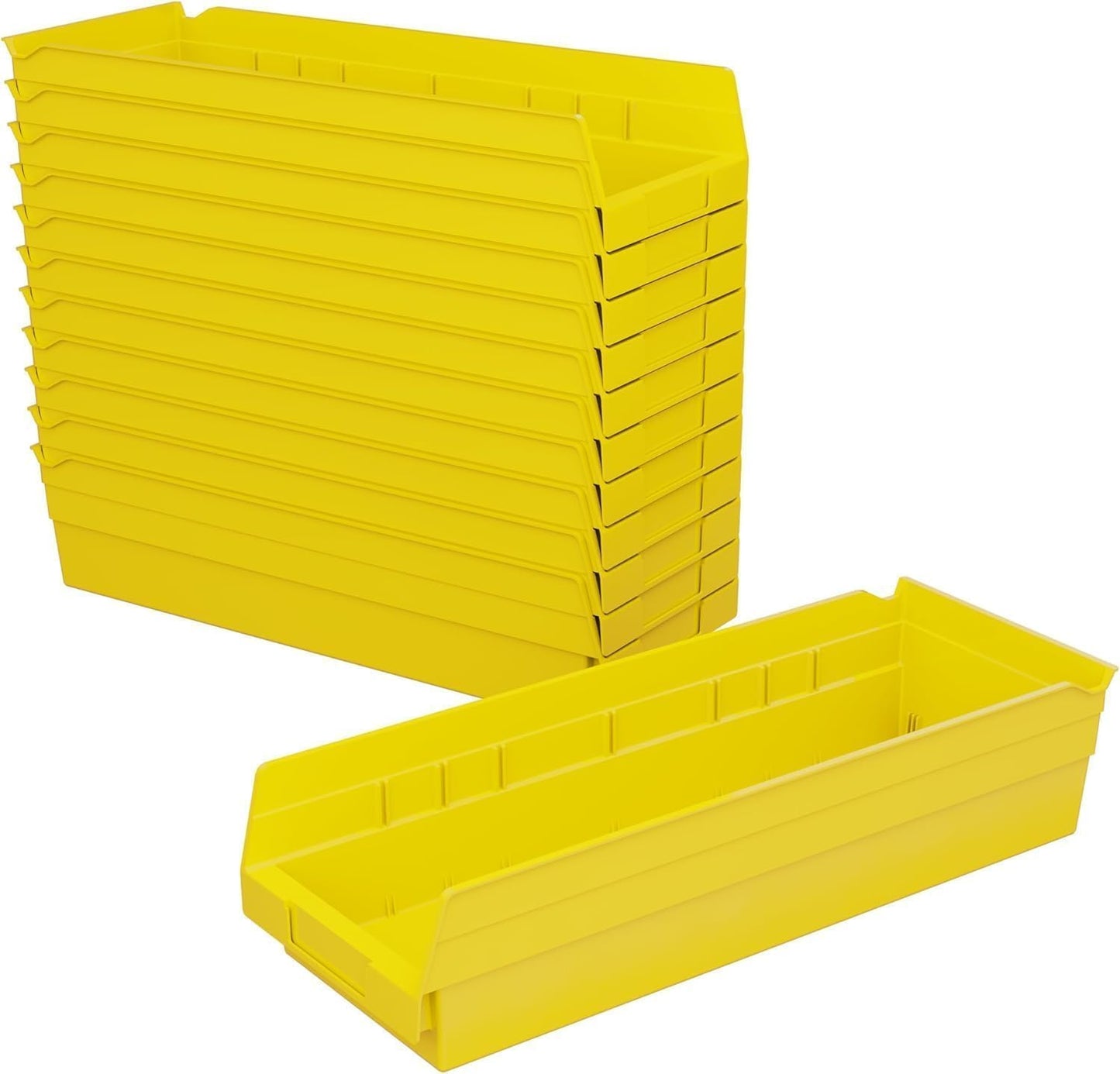 30138 Plastic Shelf Bins, Heavy Duty Storage Bins for Garage, Closet, and Drawer Organization, 18" x 6-1/2" x 4", Yellow, 12-Pack