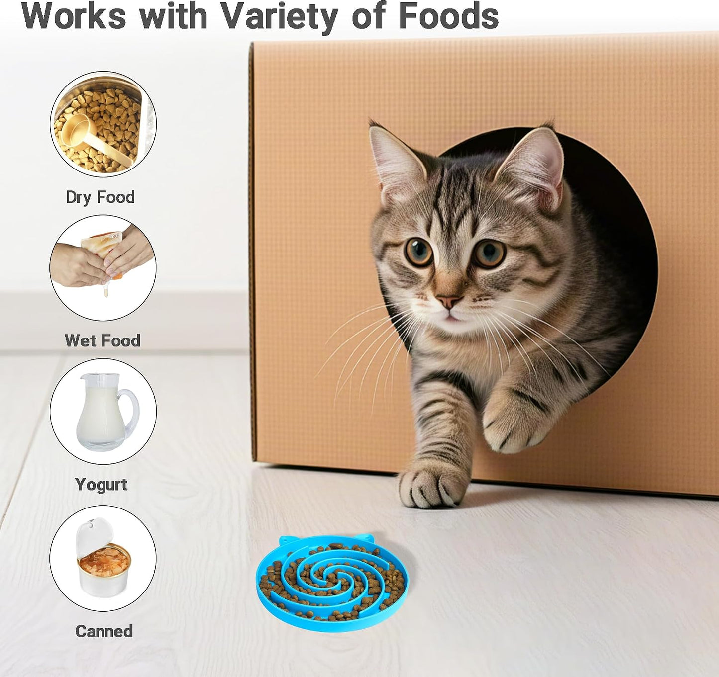 Slow Feeder Cat Bowl, Easy to Clean Silicone Bowl, Ideal for Dry and Wet Food (Yellow and Blue)