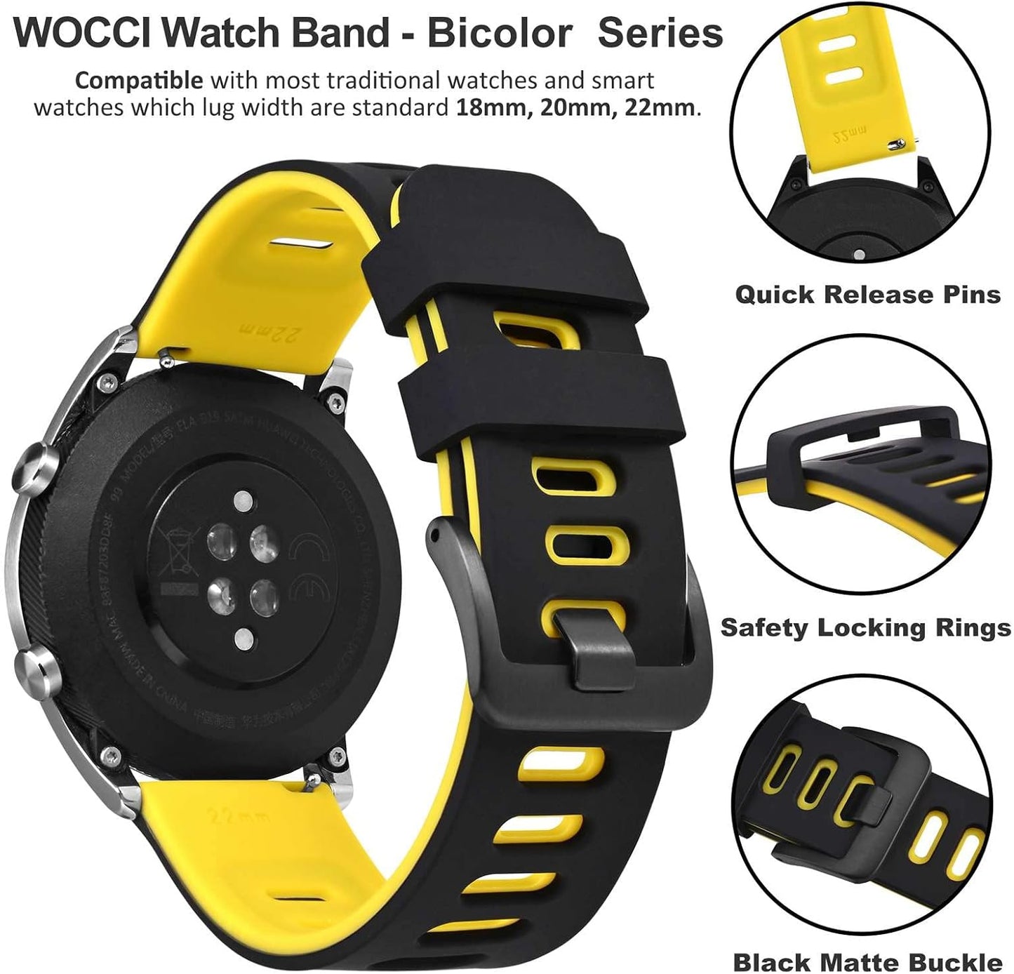 WOCCI 20mm Bicolor Watch Band, Silicone Rubber, Quick Release Replacement Strap for Men and Women, Black Stainless Steel Buckle (Black-Yellow)