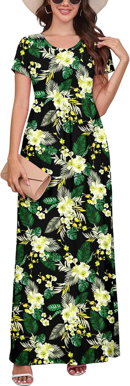 Maxi Dress for Women Short Sleeve Casual Summer Loose Plain Comfy Long Dresses with Pockets