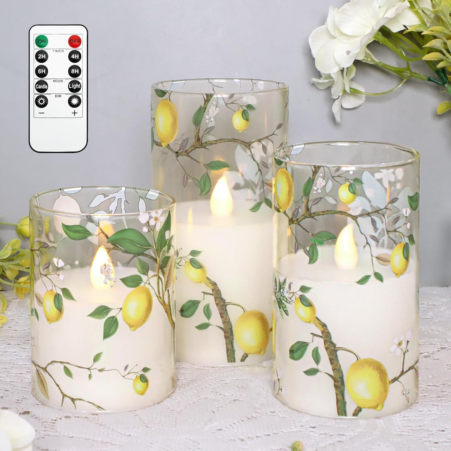 Lemon Decor Glass Flameless Candles, Flickering Battery Operated LED Real Wax Pillar Candles with Remote Timer for Holiday Spring Home Decorations, Set of 3