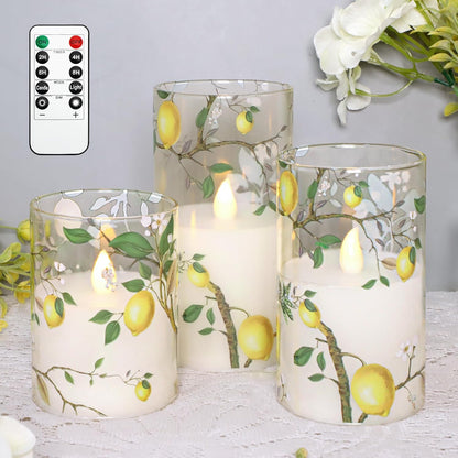 Lemon Decor Glass Flameless Candles, Flickering Battery Operated LED Real Wax Pillar Candles with Remote Timer for Holiday Spring Home Decorations, Set of 3
